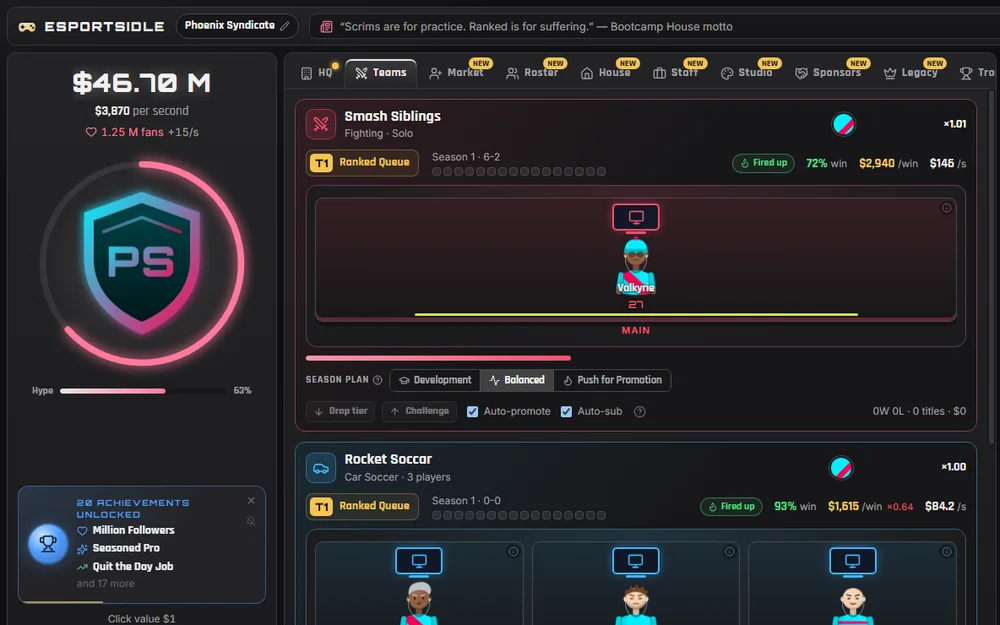 Esports Idle on 20 September. The crest inside the hype ring is the thing you click. Each team card shows its season, its win chance and what it earns per win and per second.