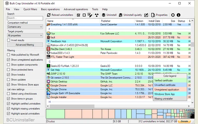 Bulk Crap Uninstaller listing applications with filters and selection controls.