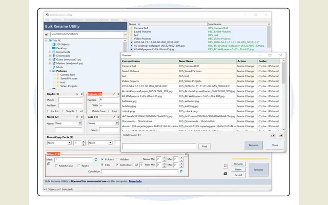 Bulk Rename Utility previewing new names for a set of files.