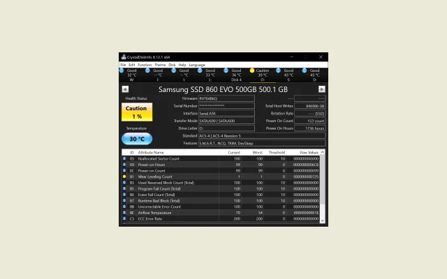 CrystalDiskInfo showing a drive health summary, temperature and SMART attributes.