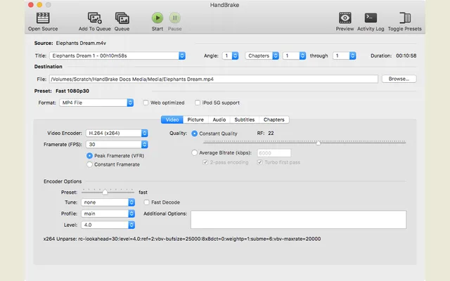 HandBrake showing video details, an encoding preset and output controls.
