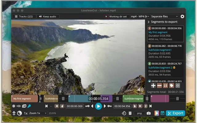 LosslessCut showing cut points on a video's timeline.