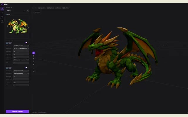 Modly generating a 3D mesh from a photo in its desktop interface.