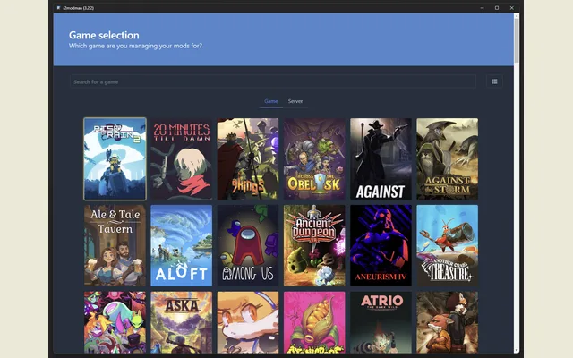 r2modman showing a game selection screen used to choose a mod profile.