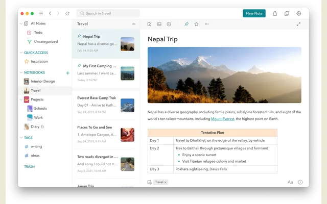 UpNote showing a set of notebooks beside an open note.
