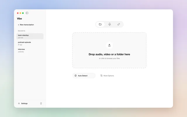 Vibe displaying a transcript beside its local transcription controls.